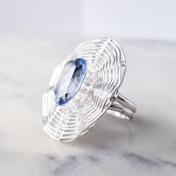 Silver Plated Blue Topaz Weave Cocktail Ring Size 9 - Picture 2 of 9